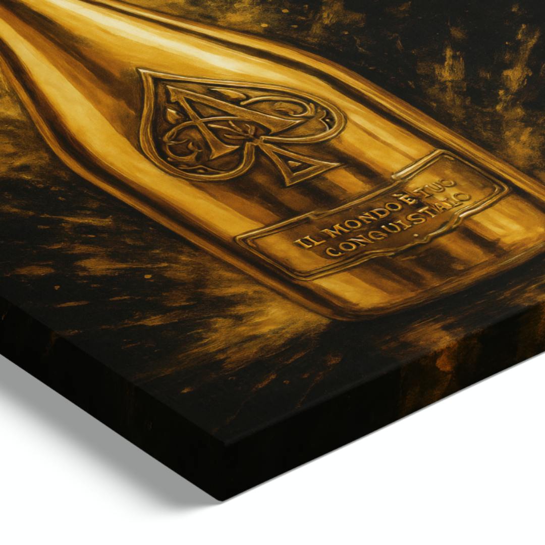 quadro moderno appeso con bottiglia di champagne d'oro Armand de Brignac su sfondo nero e oro