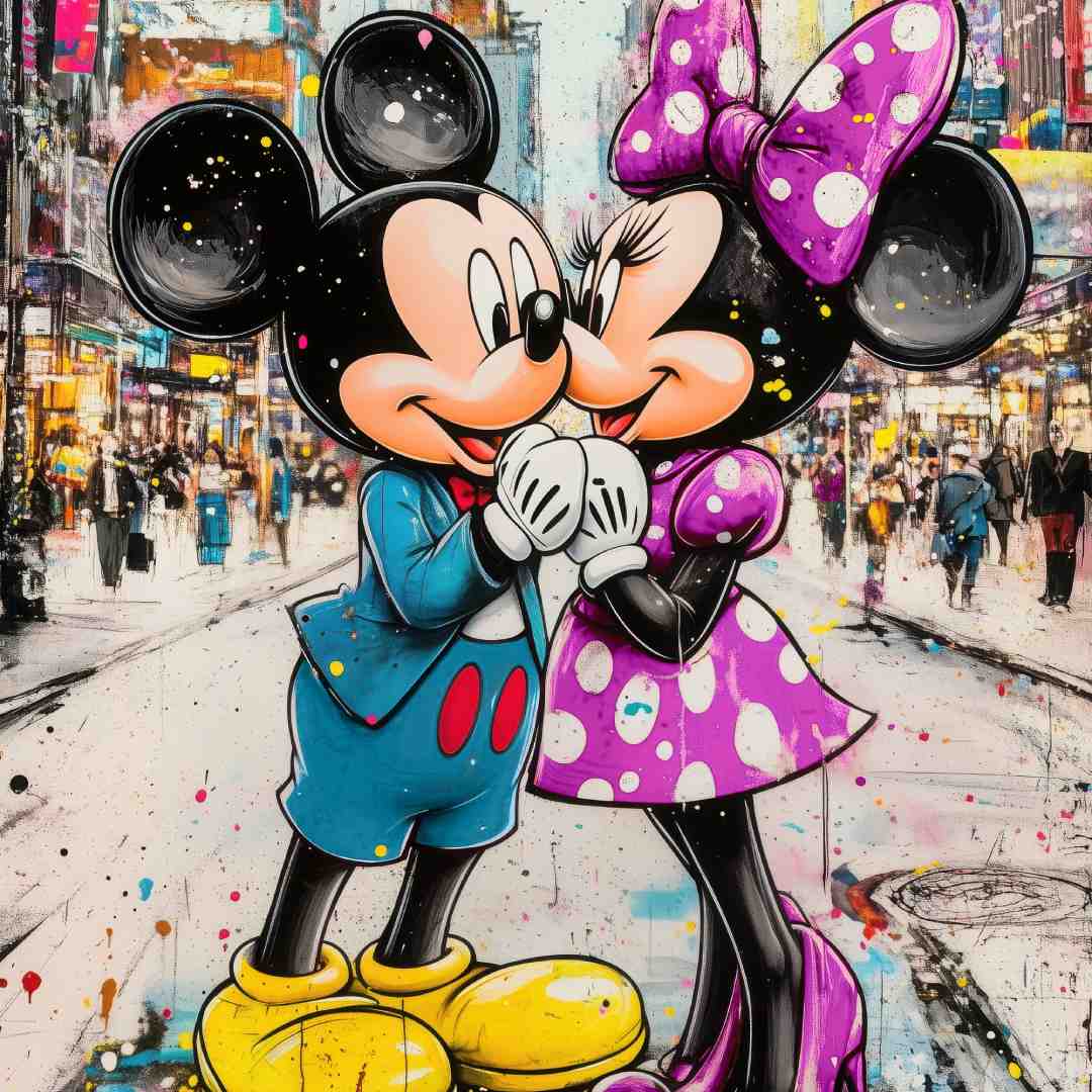 dettaglio ravvicinato quadro topolino minnie bacio a new york colorato