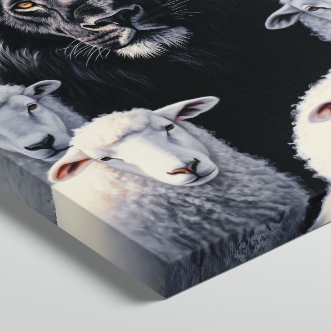 quadro moderno leone nero tra le pecore pecora nera dettaglio telaio sfondo bianco