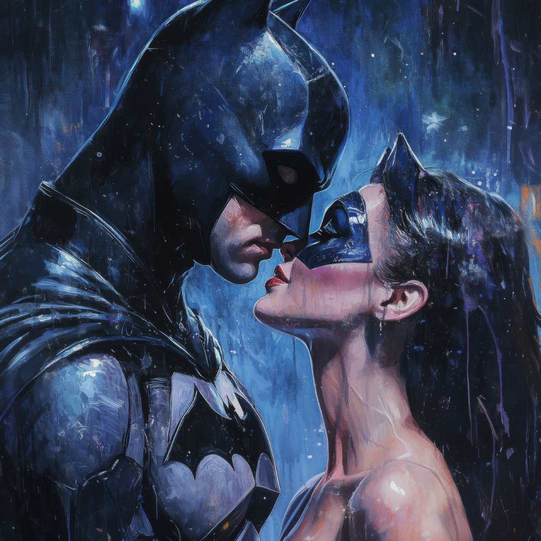 dettaglio quadro moderno appeso bacio nell'oscurità pop art graffiti batman catwoman 