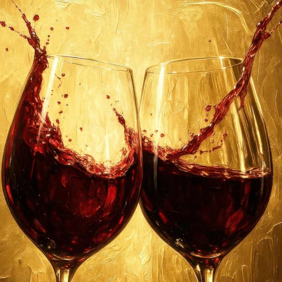 dettaglio zoom quadro moderno appeso salotto due calici di vino rosso che si toccano schizzi di vino  su sfondo oro