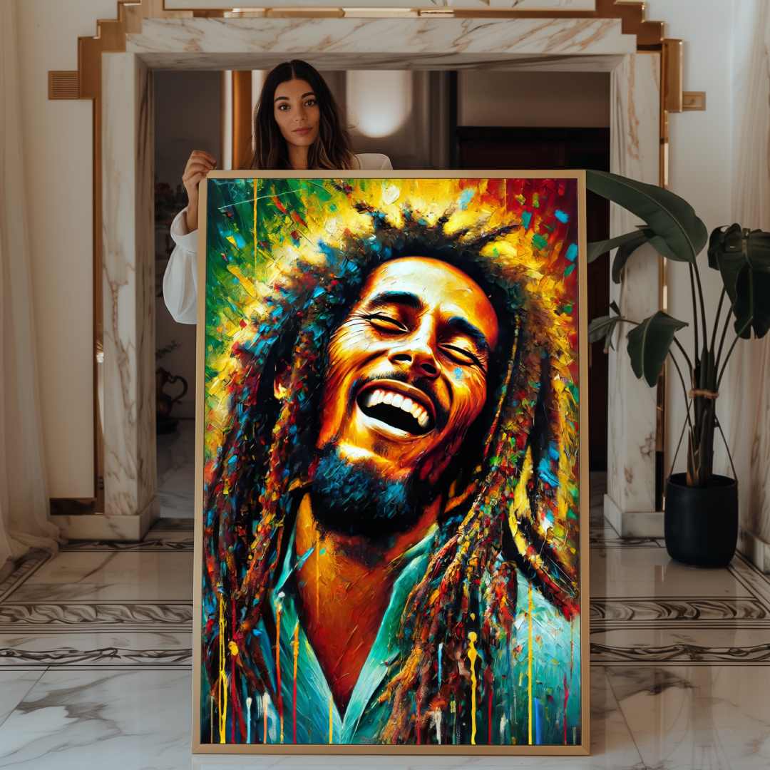 stampa su tela moderna bob marley colorato gioioso, mostrato da donna