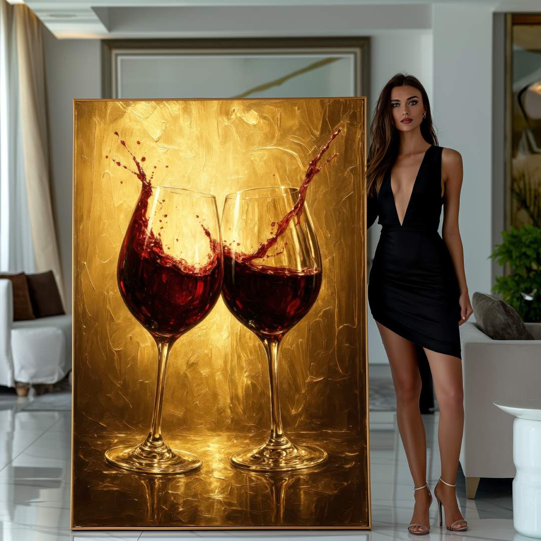 donna mostra quadro moderno appeso due calici di vino rosso che si toccano schizzi di vino  su sfondo oro