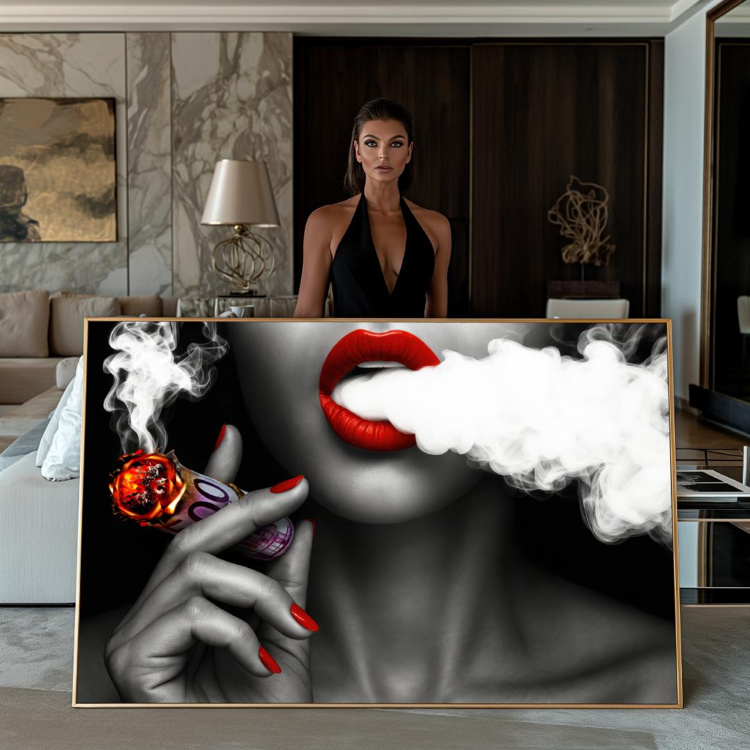 donna mostra quadro moderno donna attraente labbra rosse fuma sigaro 500 euro