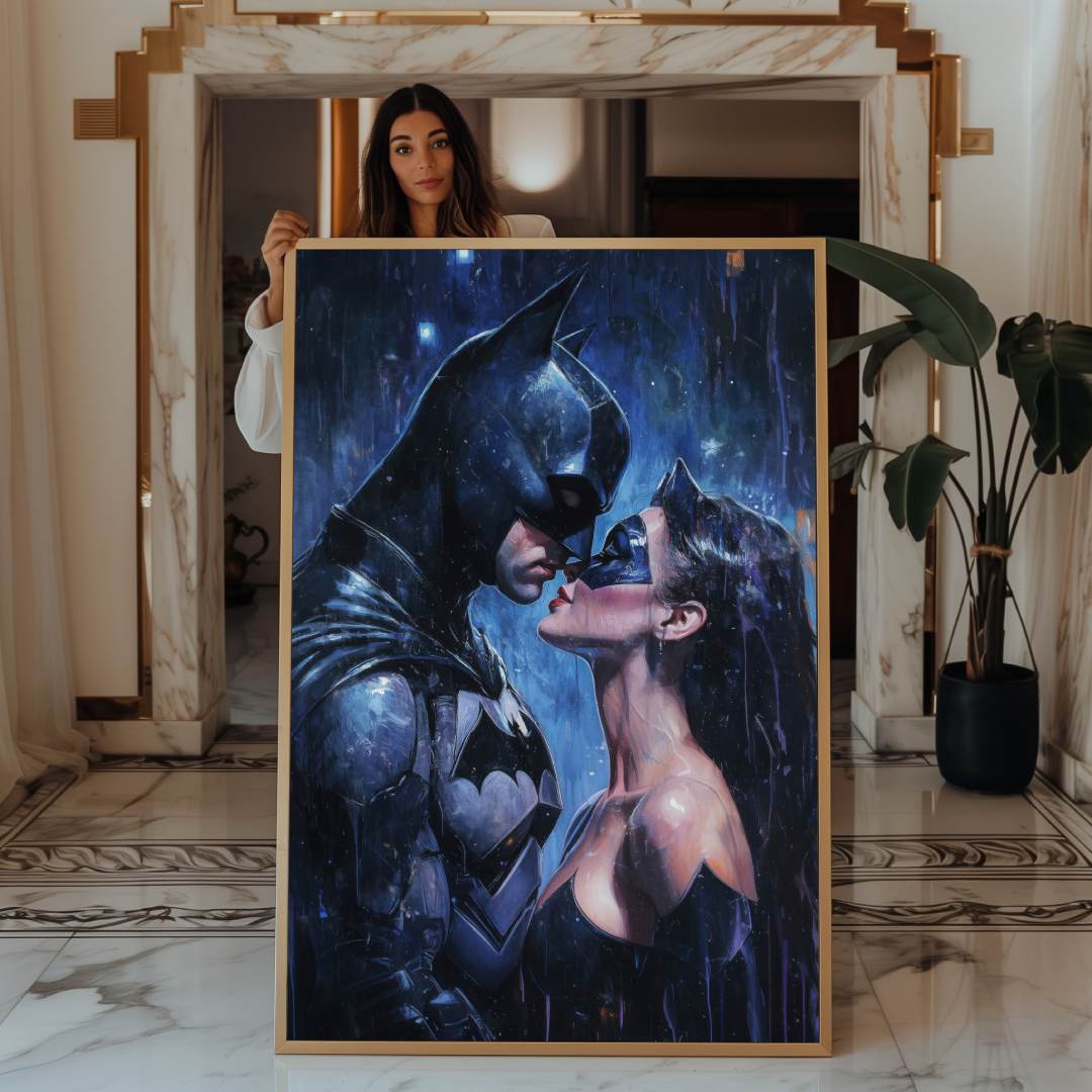 donna mostra quadro moderno batman catwoman bacio notte amore fidanzati amore marito moglie