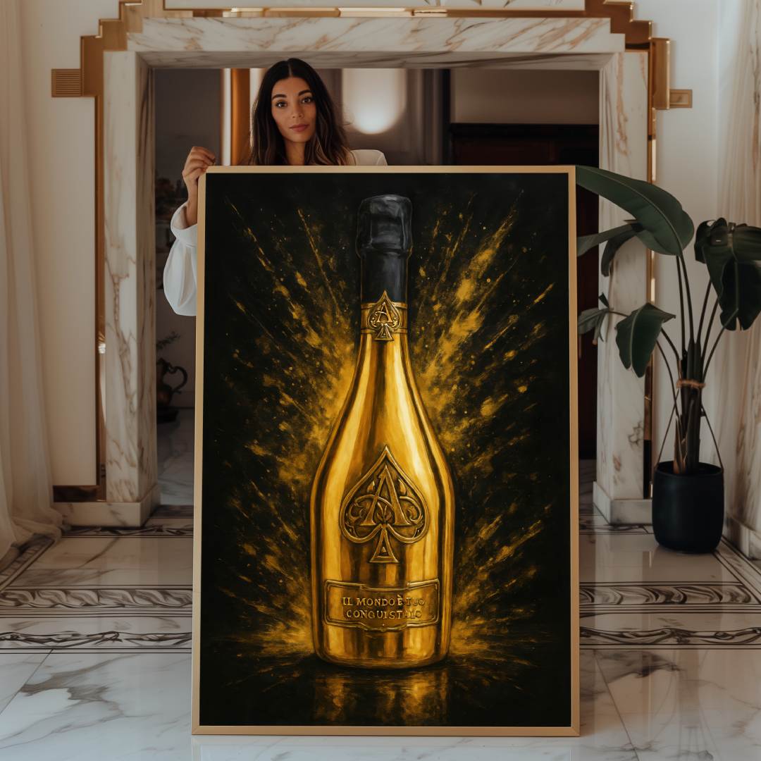 donna mostra quadro moderno con bottiglia di champagne d'oro Armand de Brignac su sfondo nero e oro
