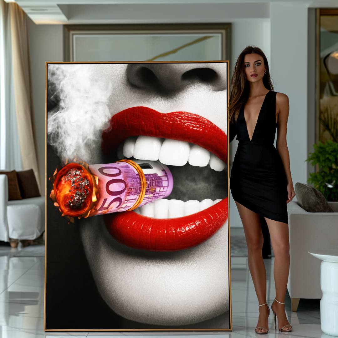 donna mostra quadro moderno labbra rosse che  fumano banconote 500 euro arrotolate fumo bianco