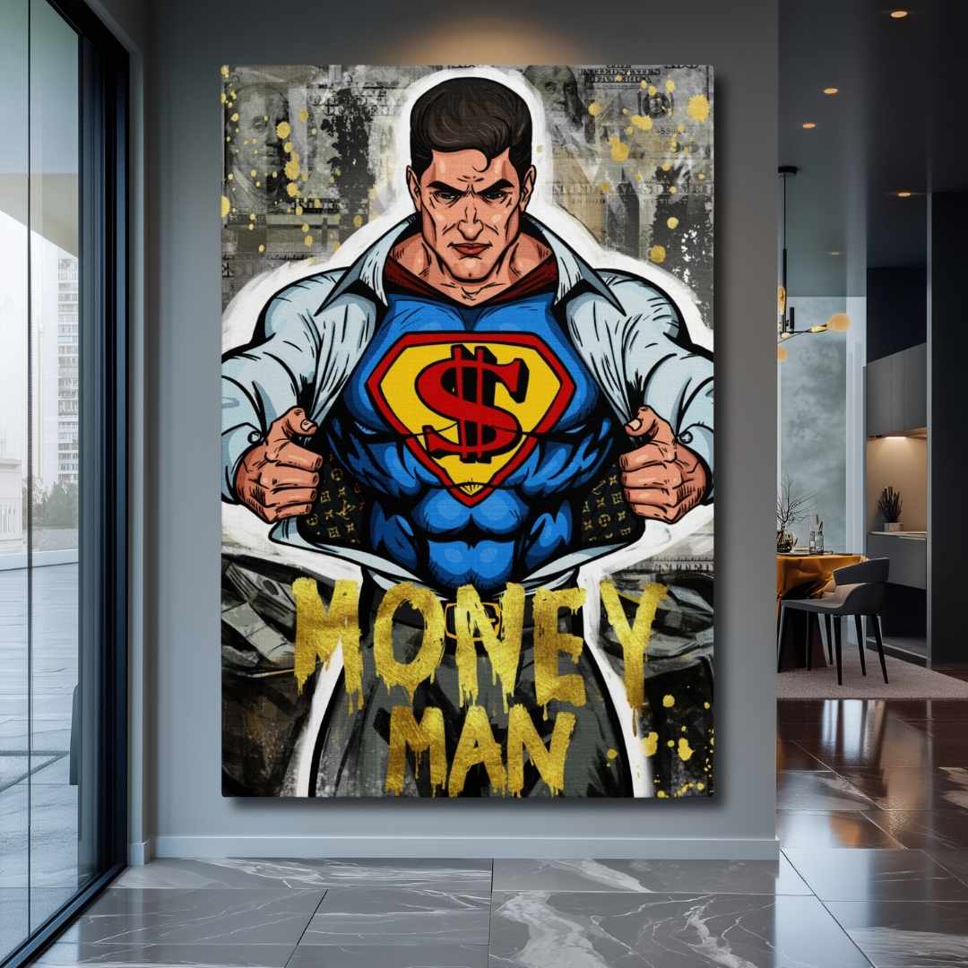 parete casa appesa stampa su tela pop art di Superman con il simbolo '$' invece della 'S' classica, motivi lussuosi