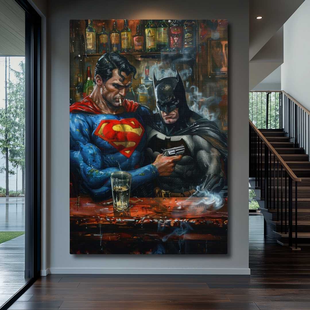 stampa su tela pop art con superman e batman ad un bar che fumano con delle pistole in mano, appesa hall casa