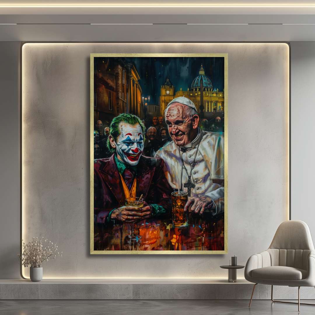 hall casa con stampa su tela pop art con Joker e papa francesco bevono al bar a roma in piazza san pietro