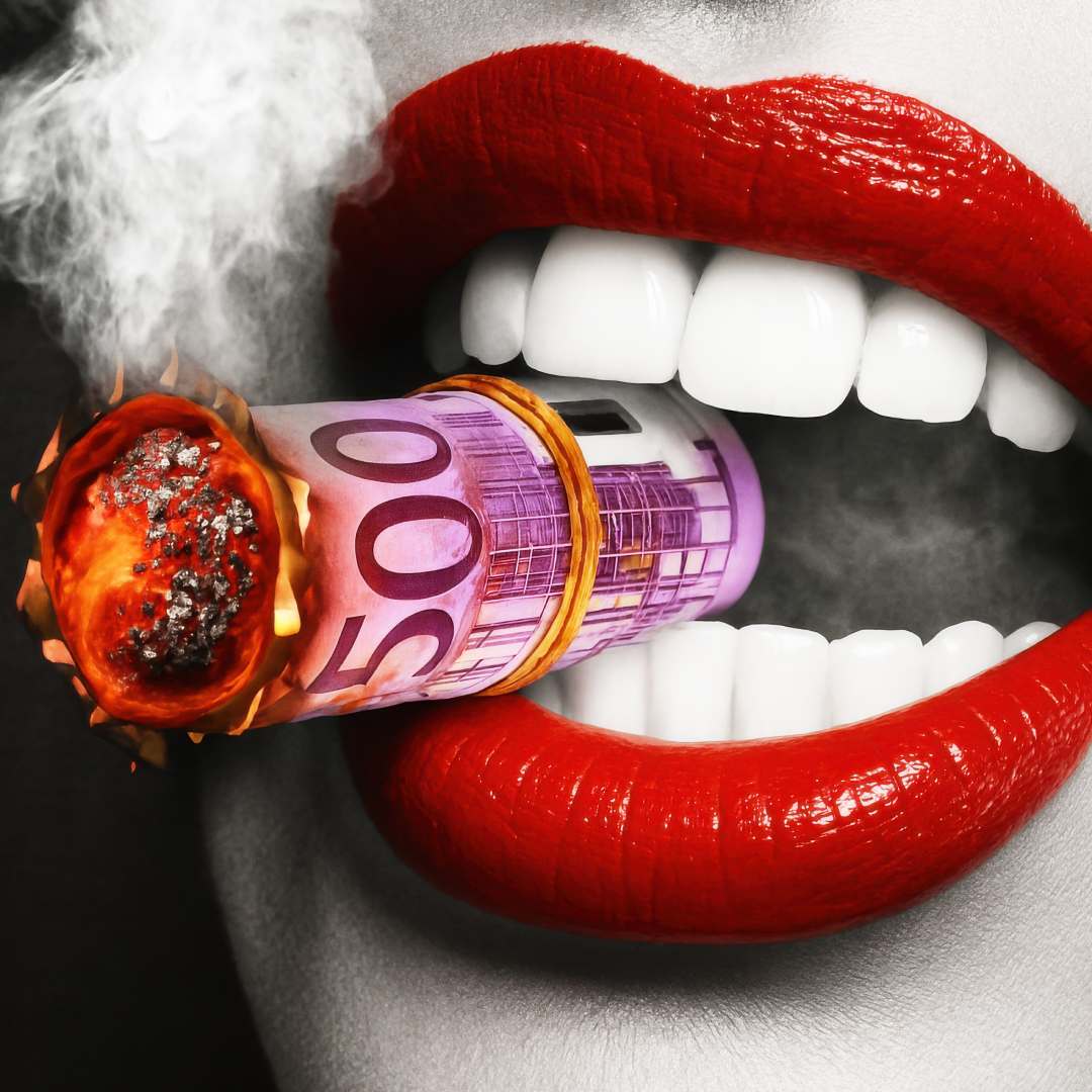 ingrandimento quadro moderno appeso donna attraente fuma banconote 500 euro arrotolate fumo bianco labbra rosse
