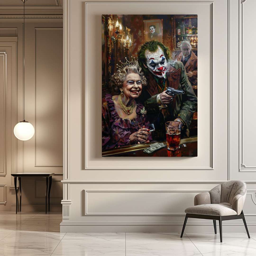 casa con stampa su tela pop art con Joker e la Regina Elisabetta che fumano al bar con pistole e banconote sul tavolo