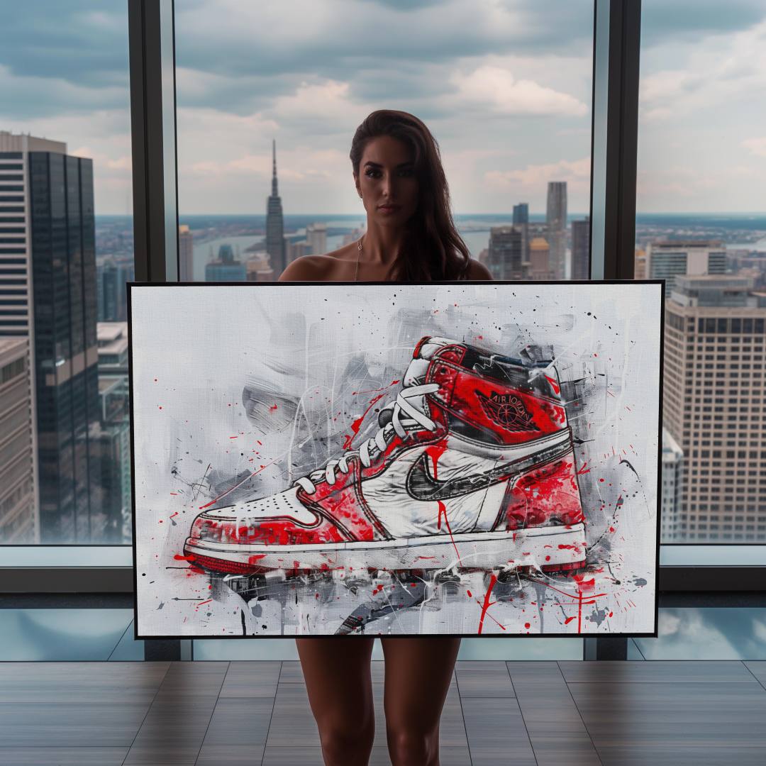 Modella che mostra stampa su tela contemporanea con la sneaker nike jordan 1 retro high og, stile pop art