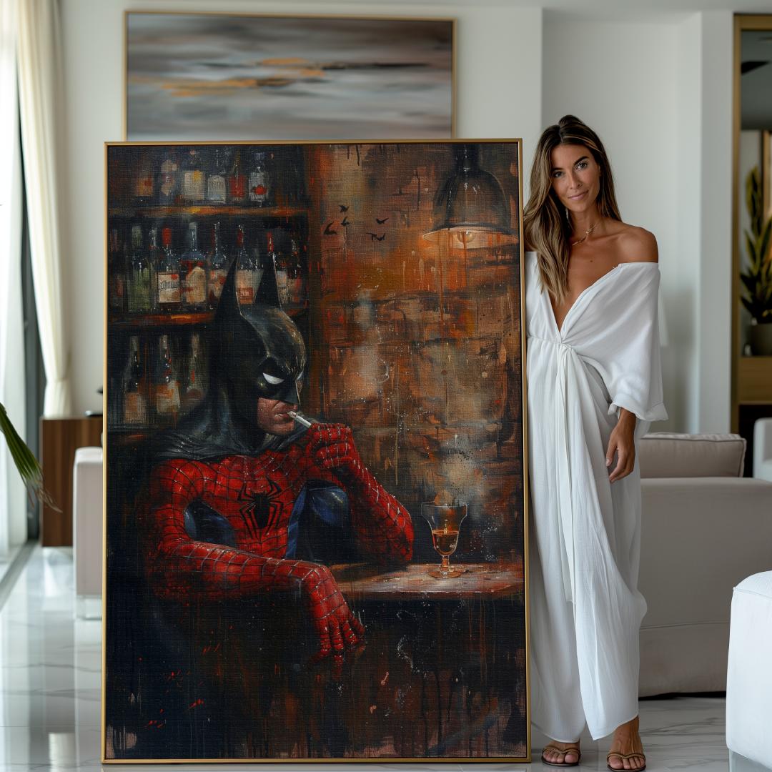 Modella accanto a stampa su tela moderna con batman e spiderman al bar che fumano pensierosi, atmosfera tetra