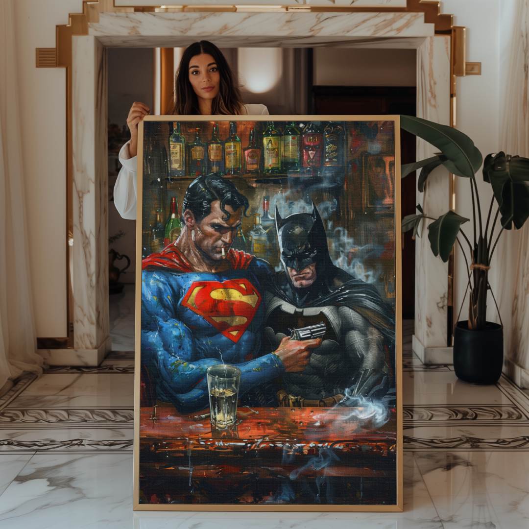 Modella accanto a stampa su tela pop art con superman e batman ad un bar che fumano con delle pistole in mano