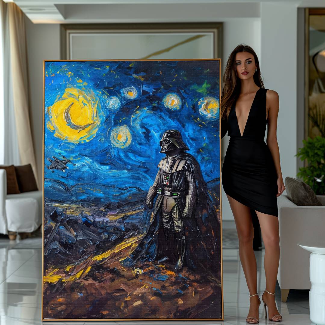 Modella che esibisce stampa su tela moderna con darth vader disegnato all'interno della notte stellata di van gogh reintrepretata