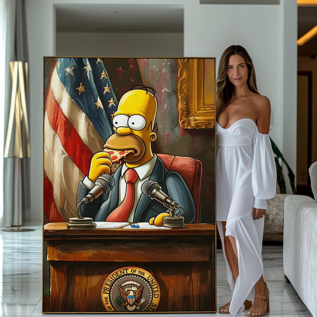 Donna che mostra Modello accanto a tela pop art con Homer Simpson presidente USA, seduto a una conferenza mentre mangia una pizza