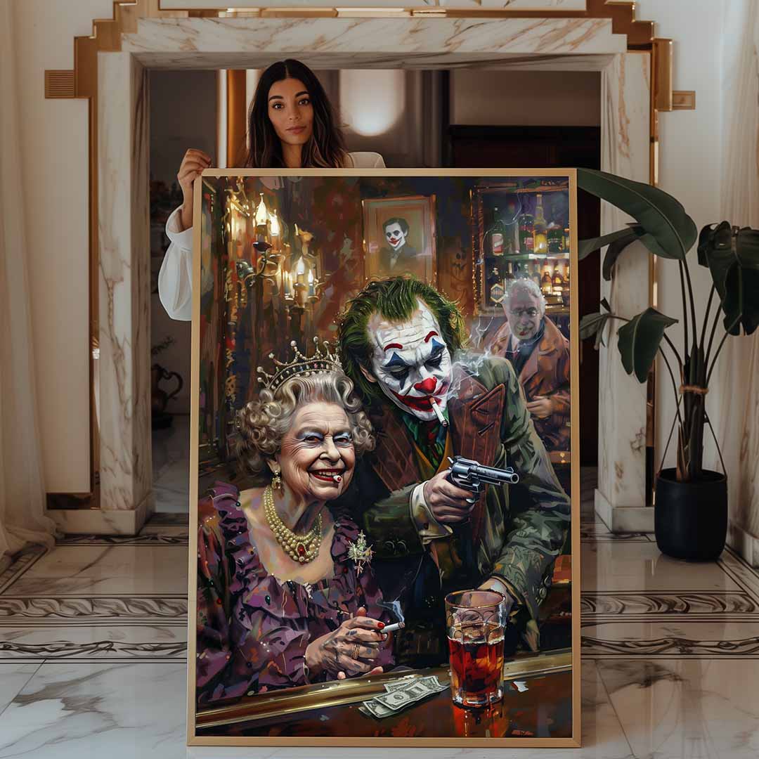 modella con stampa su tela pop art con Joker e la Regina Elisabetta che fumano al bar con pistole e banconote sul tavolo