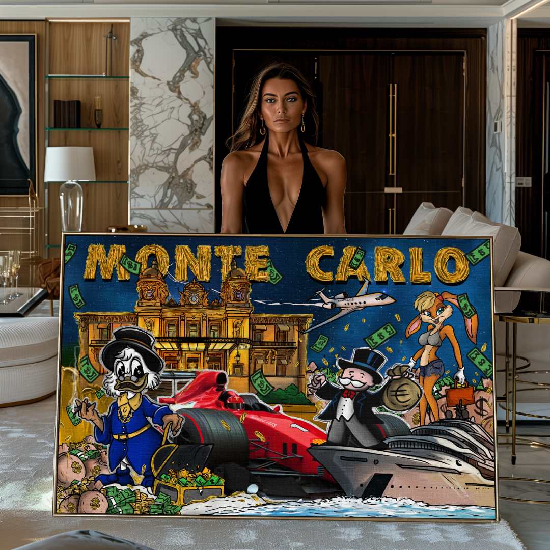 Modella esibisce stampa su tela pop art di Montecarlo con zio paperone lola bunny e mr. monopoly, con Ferrary e Yacht