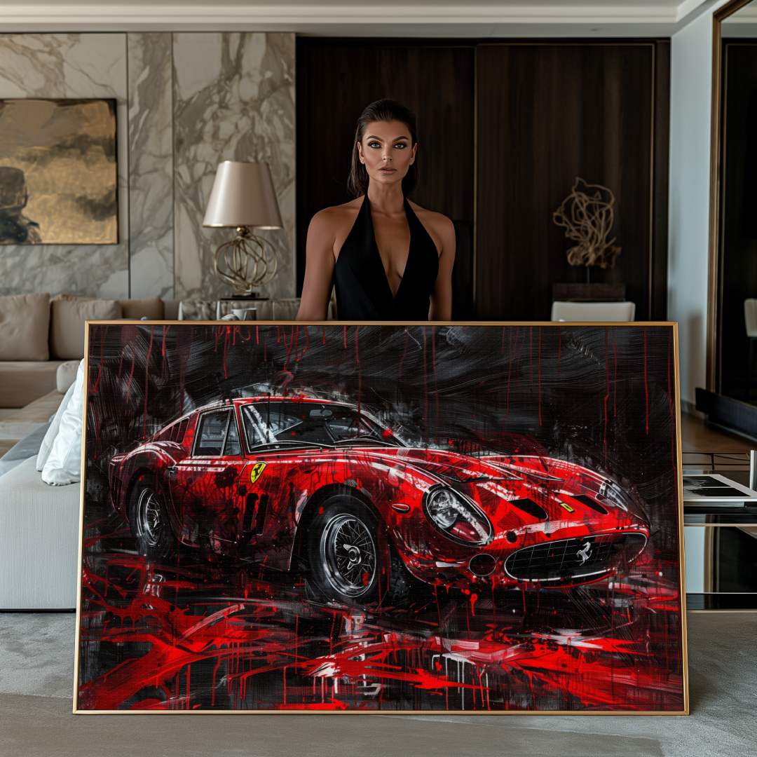 donna mostra stampa su tela moderna di una Ferrari 250 GTO in stile astratto-contemporaneo, colori rosso e nero