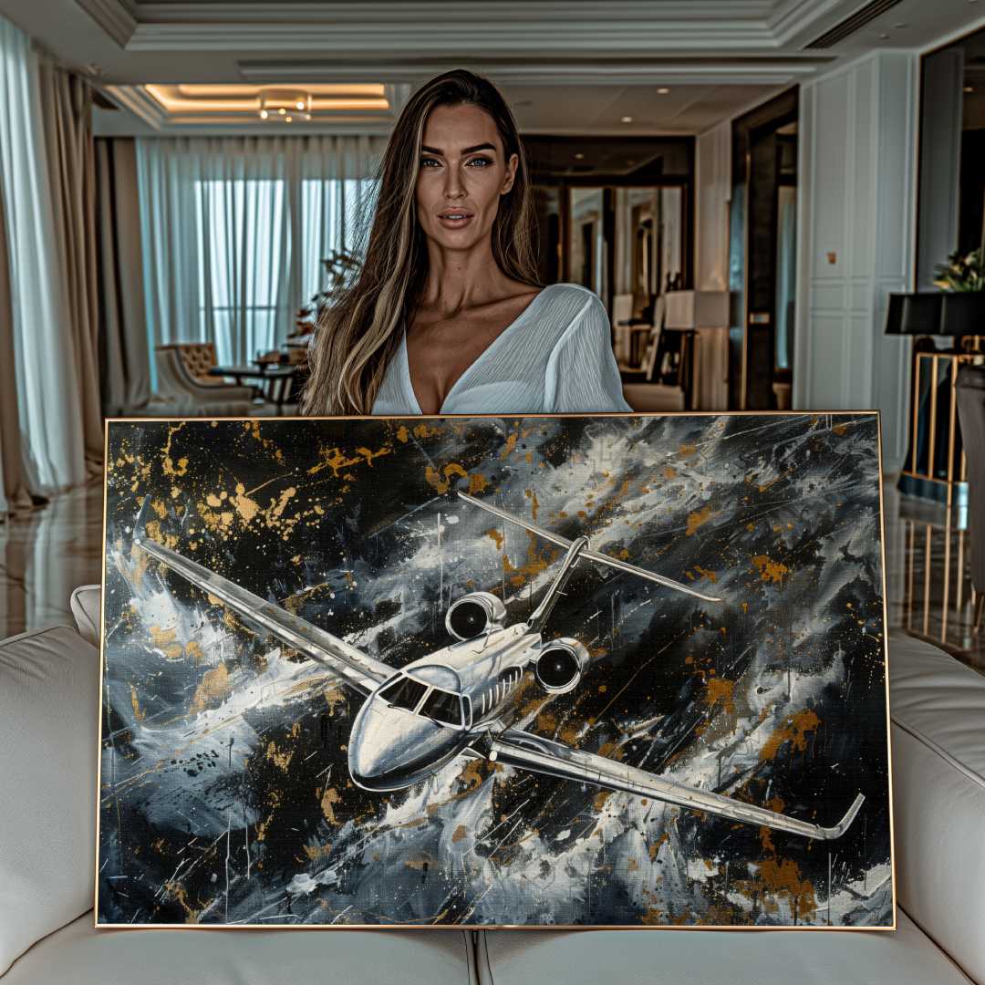 Modella mostra stampa su tela moderna di un Jet Privato in stile astratto-contemporaneo, colori oro nero e argento