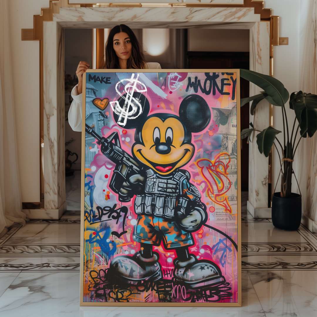 quadro moderno con topolino in stile street art con scritta 'make money', tenuto in mano da una modella