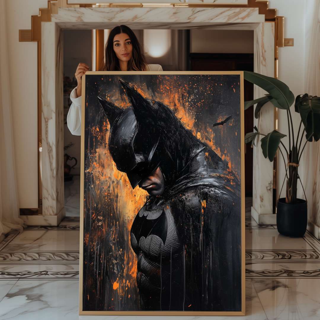 modella tiene stampa su tela batman moderno nero oro