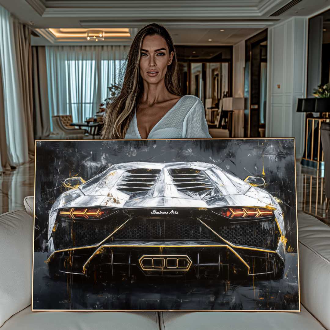 modella mostra quadro moderno lamborghini aventador oro nero argento