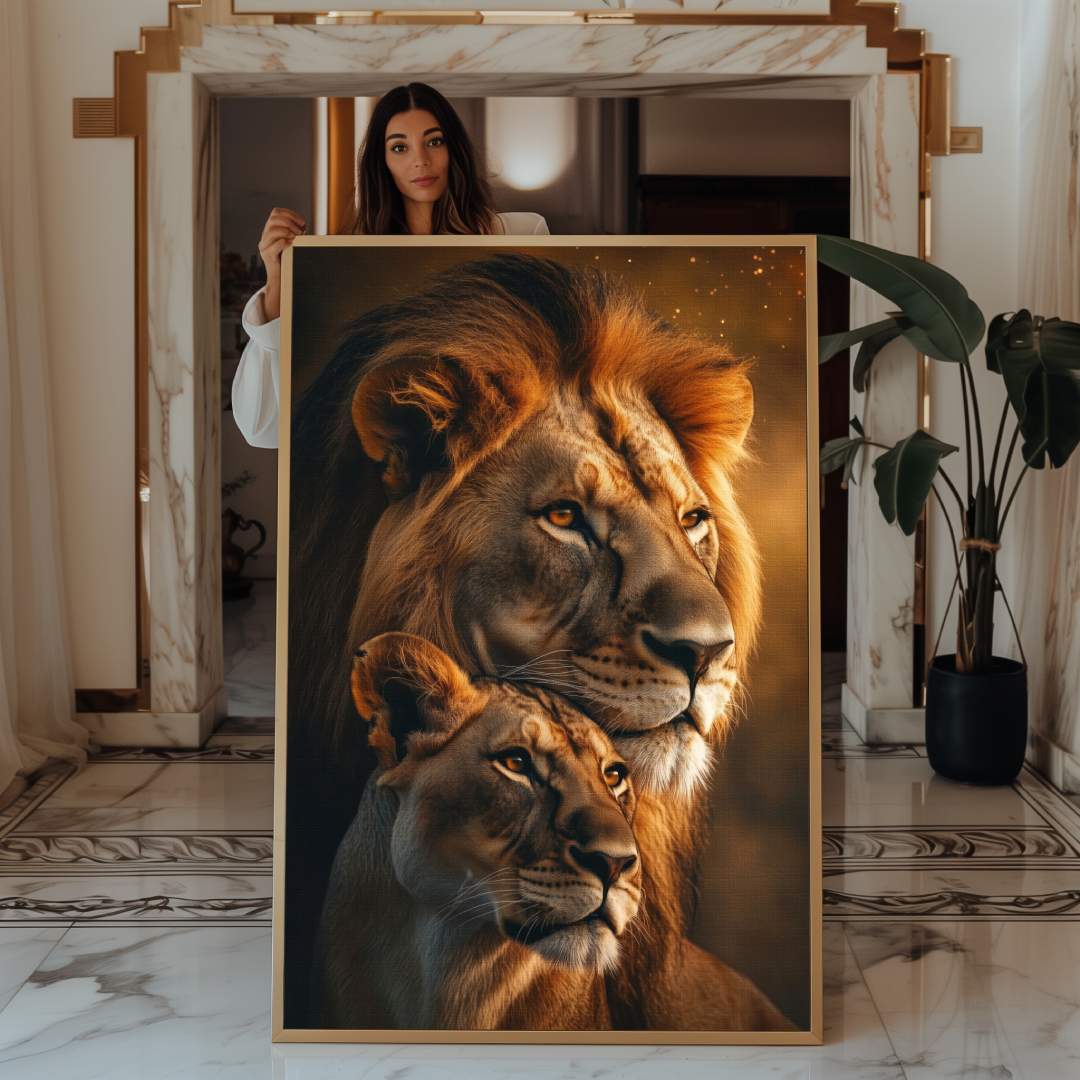 donna mostra quadro moderno leoni coppia marito moglie leone leonessa
