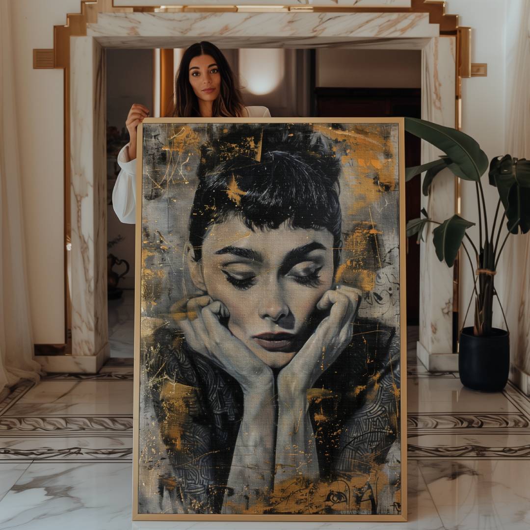 Modella mostra stampa su tela moderna con ritratto di Audrey Hepburn, motivi lussuosi, colori oro argento e nero