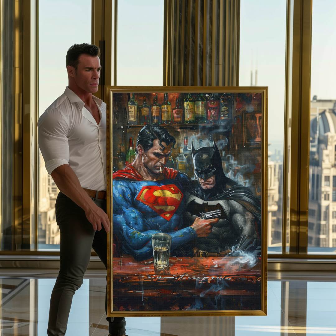 Modello che mostra stampa su tela pop art con superman e batman ad un bar che fumano con delle pistole in mano