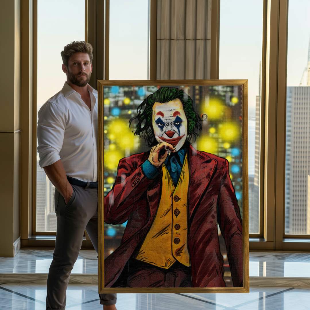 Modello che mostra una stampa su tela moderna con ritratto di joker che fuma in stile pop art con luci metropolitane