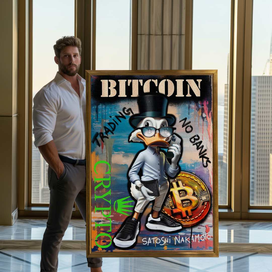 Modello accanto a stampa su tela pop art con zio paperone crypto trader, scritta grande 'bitcoin'