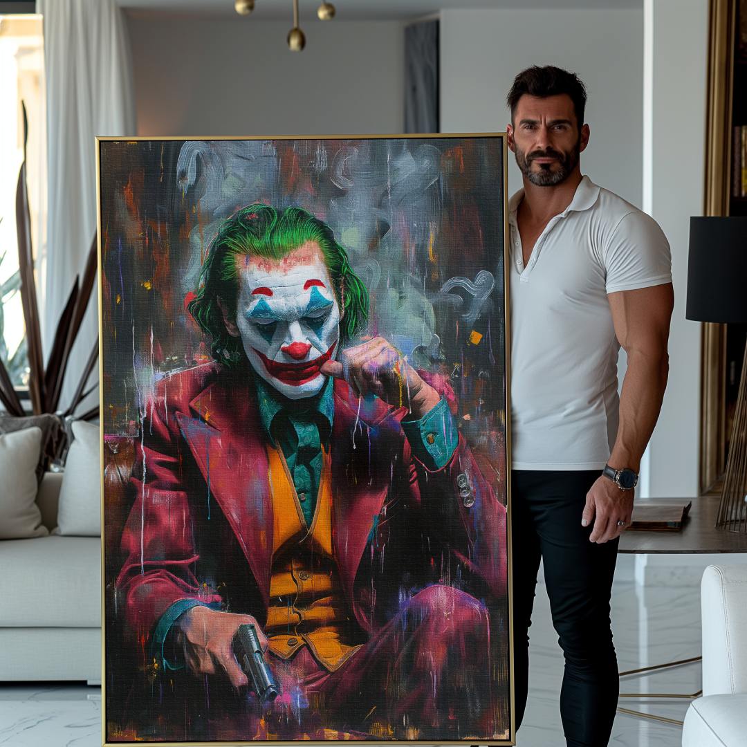 uomo accanto a stampa su tela contemporanea pop art di joker pensieroso con in mano una pistola