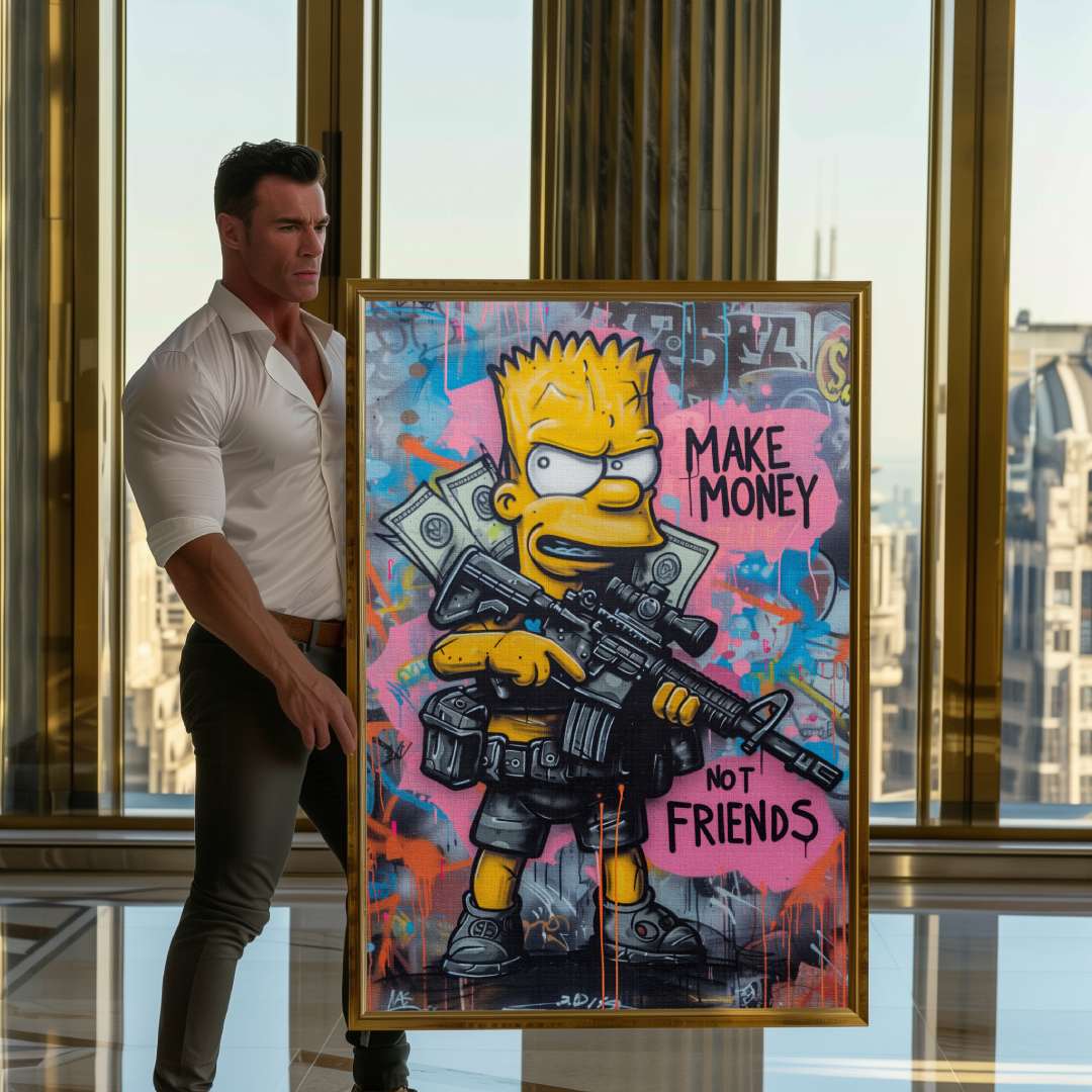 quadro moderno con bart simpson in stile street art con scritta 'make money not friends', tenuto in mano da modello in un attico