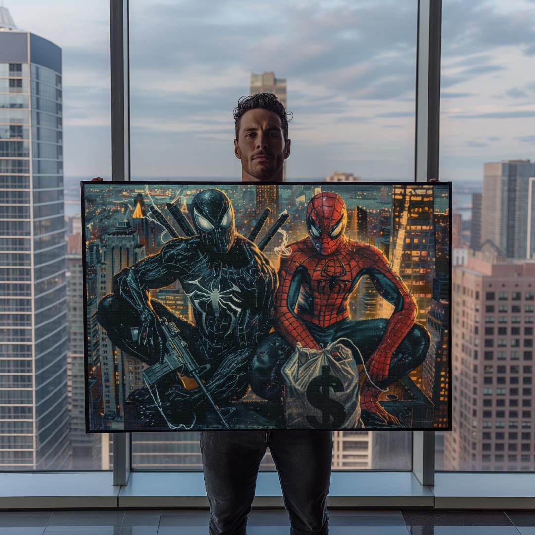 uomo esibisce stampa su tela pop art con spiderman e venom in cima ad un grattacielo di notte, con soldi e fucili