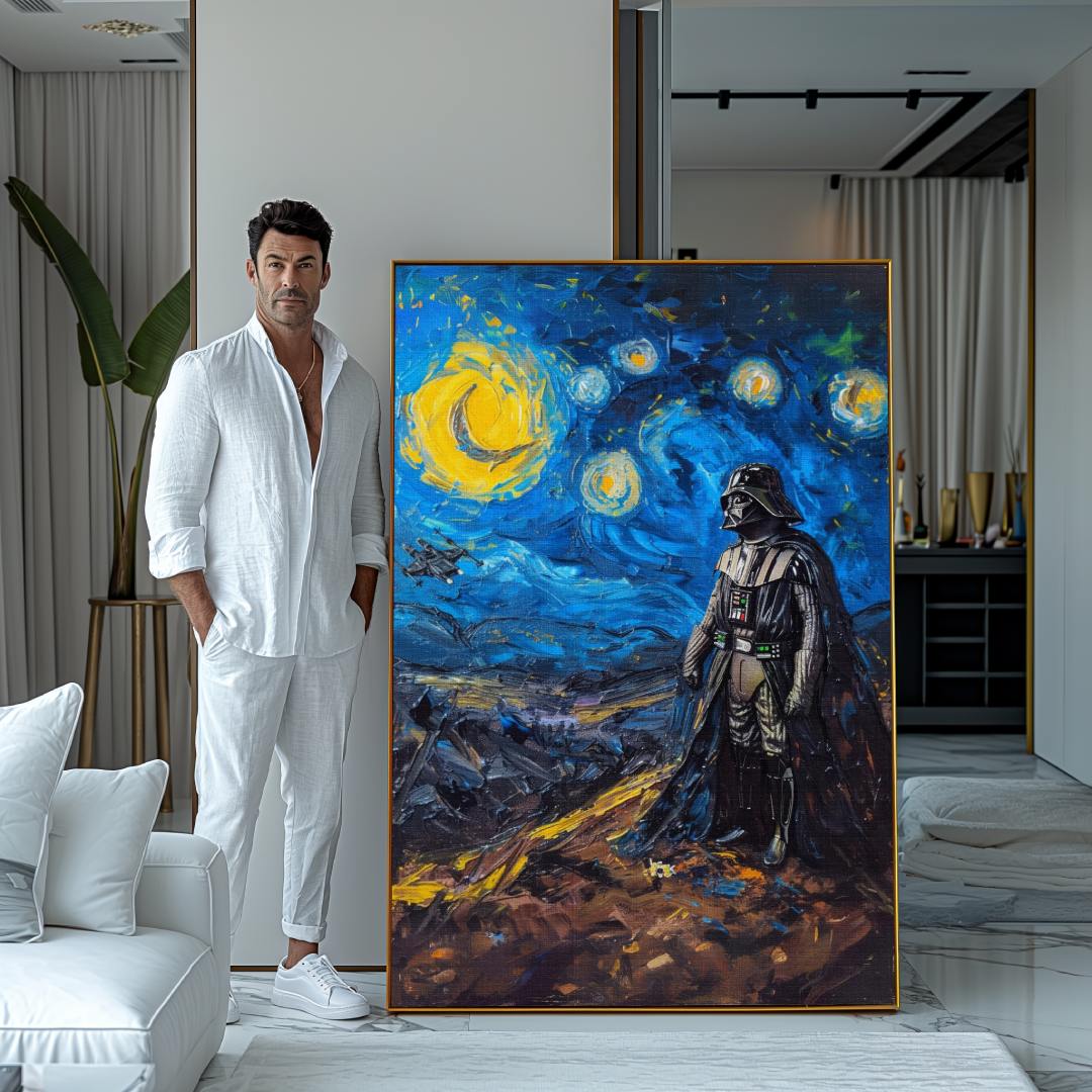 Uomo che mostra stampa su tela moderna con darth vader disegnato all'interno della notte stellata di van gogh reintrepretata