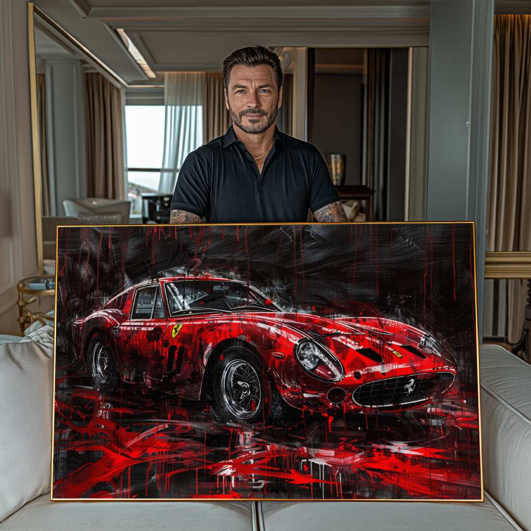 modello esibisce stampa su tela moderna di una Ferrari 250 GTO in stile astratto-contemporaneo, colori rosso e nero