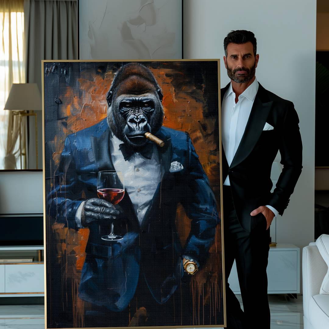 Uomo che mostra elegante Stampa su tela moderna di un gorilla businessman, che fuma un sigaro con sguardo serio