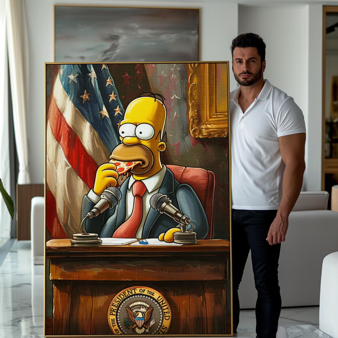 Modello accanto a tela pop art con Homer Simpson presidente USA, seduto a una conferenza mentre mangia una pizza