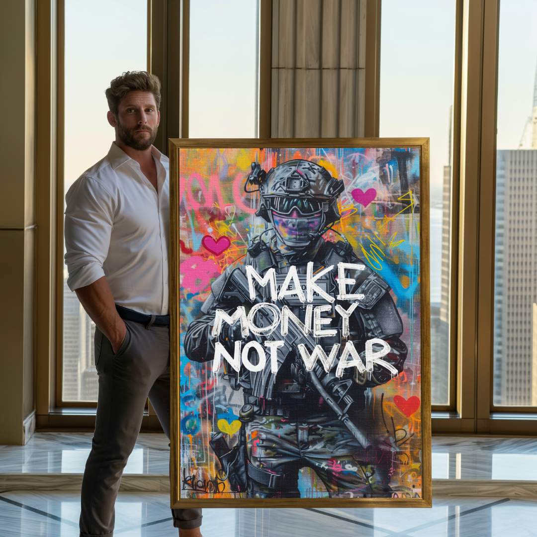 Modello accanto a stampa su tela pop art con soldato e la scritta 'make money not war', motivi di amore e affari