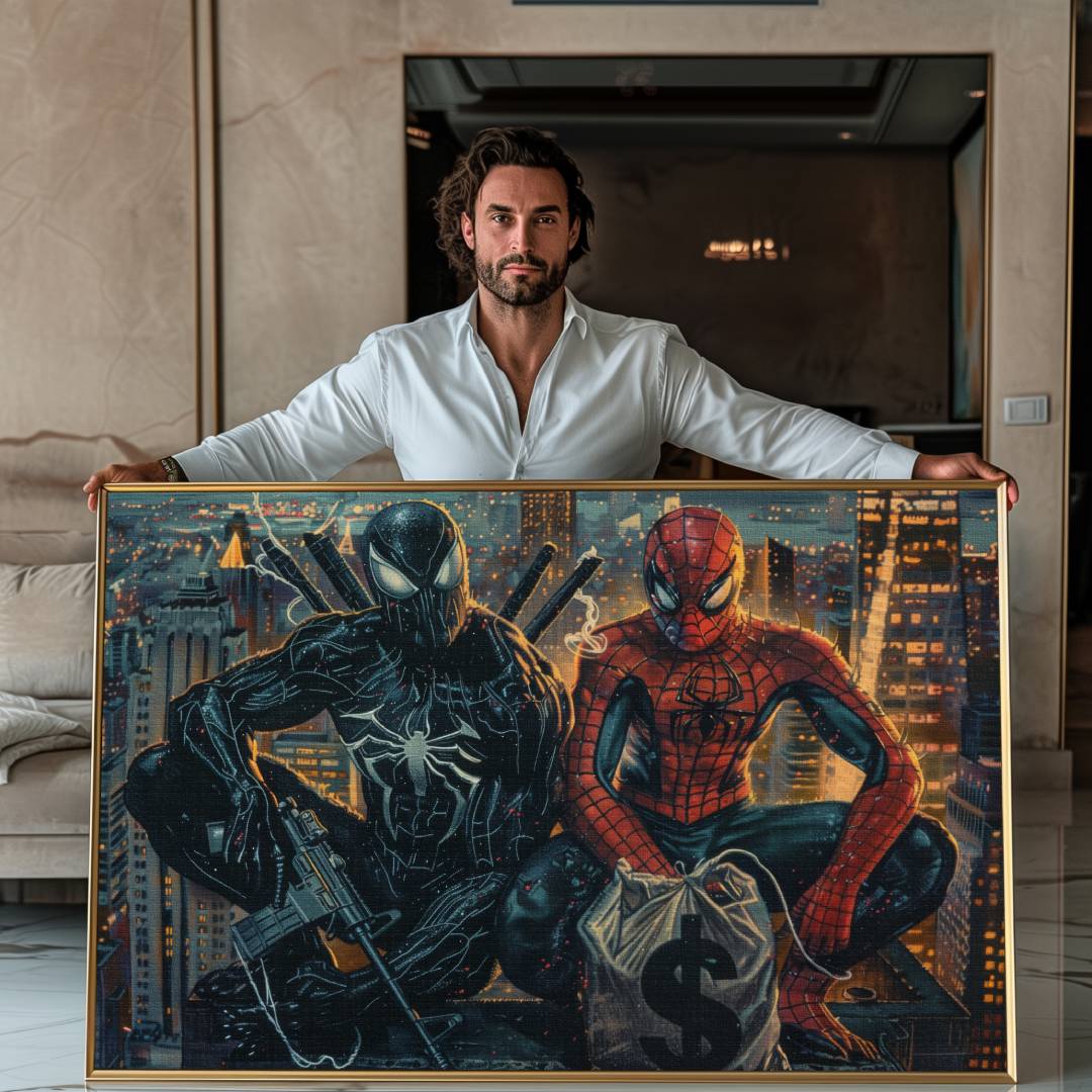 modello mostra stampa su tela pop art con spiderman e venom in cima ad un grattacielo di notte, con soldi e fucili