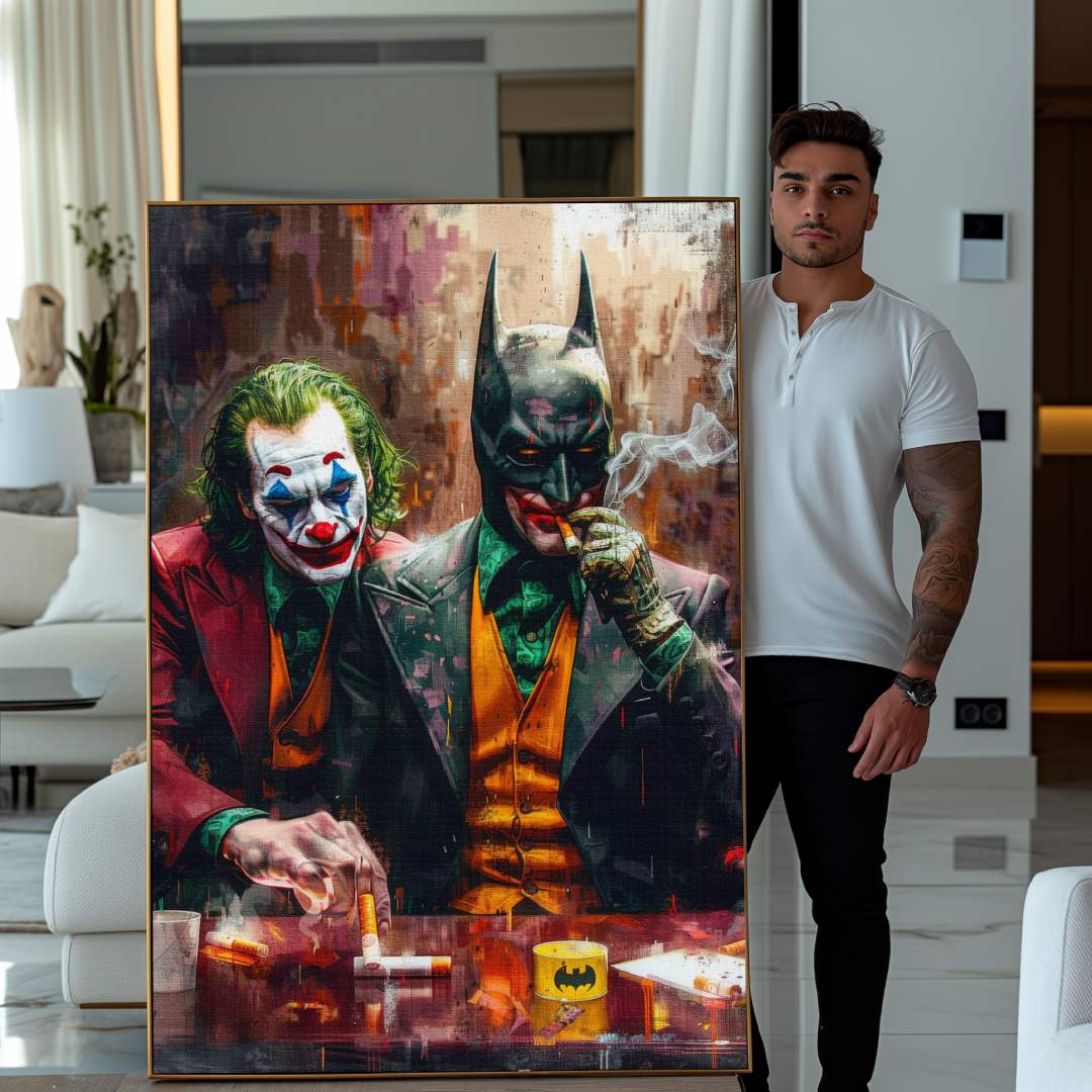 Modello accanto a stampa su tela pop art di joker e batman che fumano ad un bar