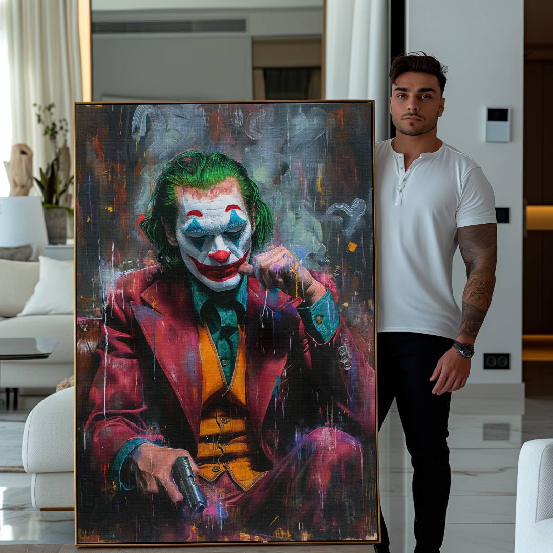 modella espone stampa su tela contemporanea pop art di joker pensieroso con in mano una pistola