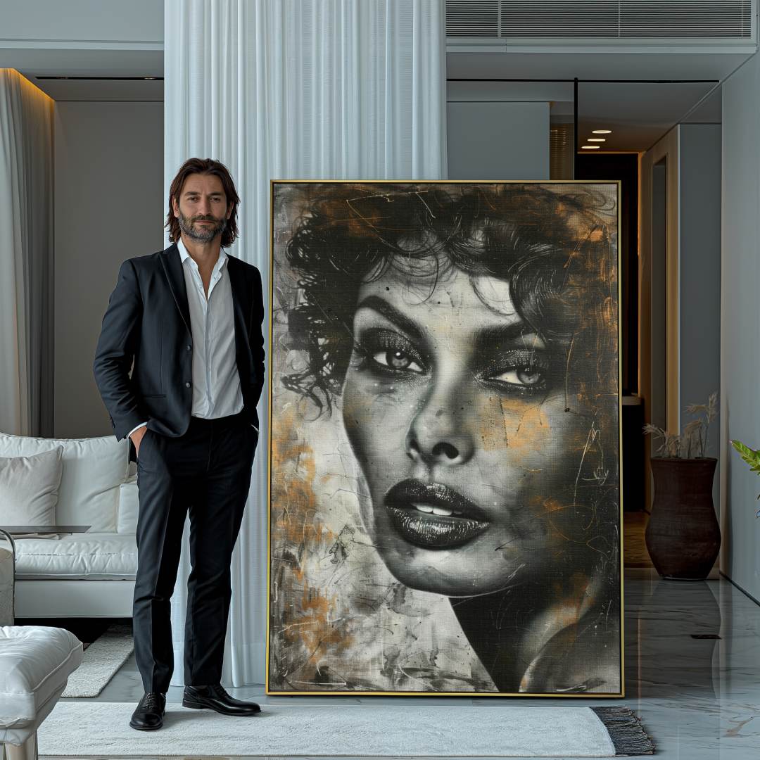 Uomo mostra stampa su tela moderna con ritratto di sophia loren, motivi lussuosi, colori oro argento e nero