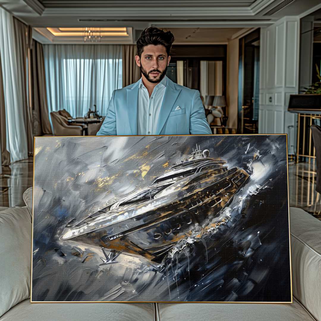 Uomo esibisce stampa su tela moderna di uno Yacht in stile astratto-contemporaneo, colori oro nero e argento