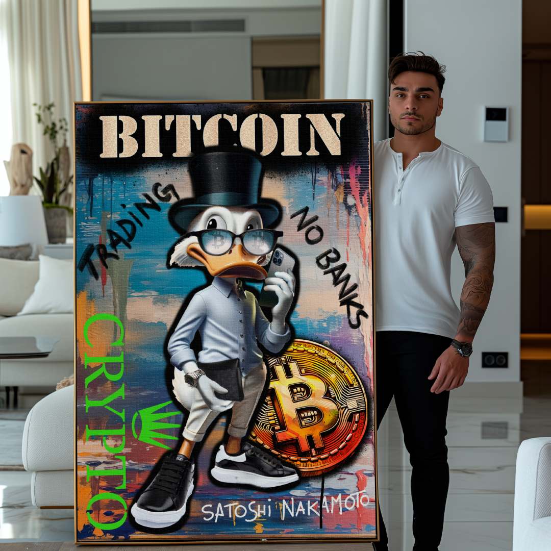 Uomo che mostra stampa su tela pop art con zio paperone crypto trader, scritta grande 'bitcoin'