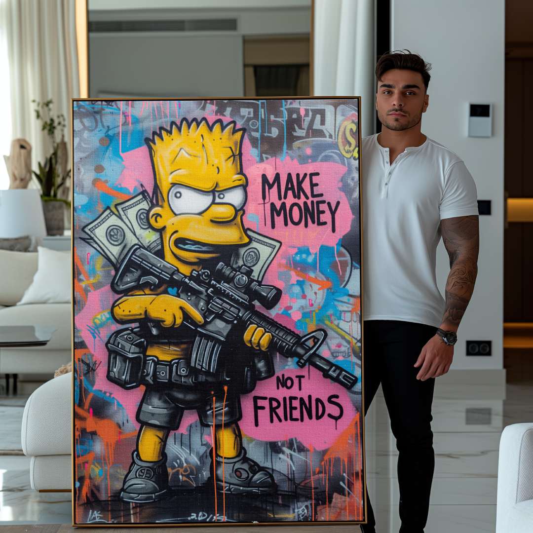 quadro moderno con bart simpson in stile street art con scritta 'make money not friends', tenuto in mano da un ragazzo in una casa