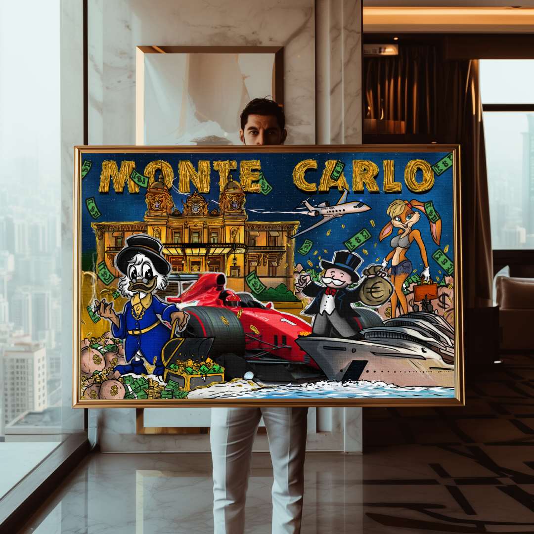 Uomo mostra stampa su tela pop art di Montecarlo con zio paperone lola bunny e mr. monopoly, con Ferrary e Yacht