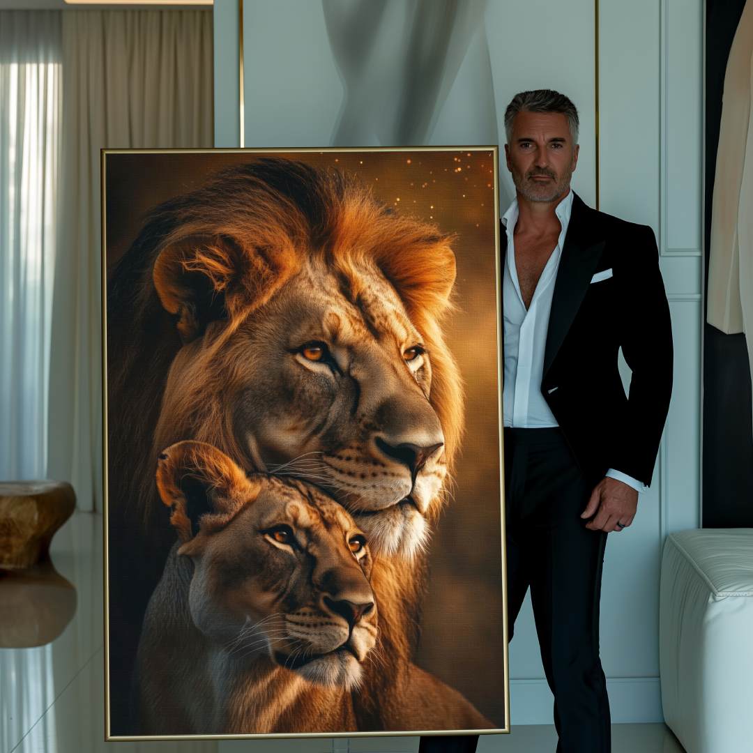 uomo mostra quadro moderno leoni coppia marito moglie leone leonessa